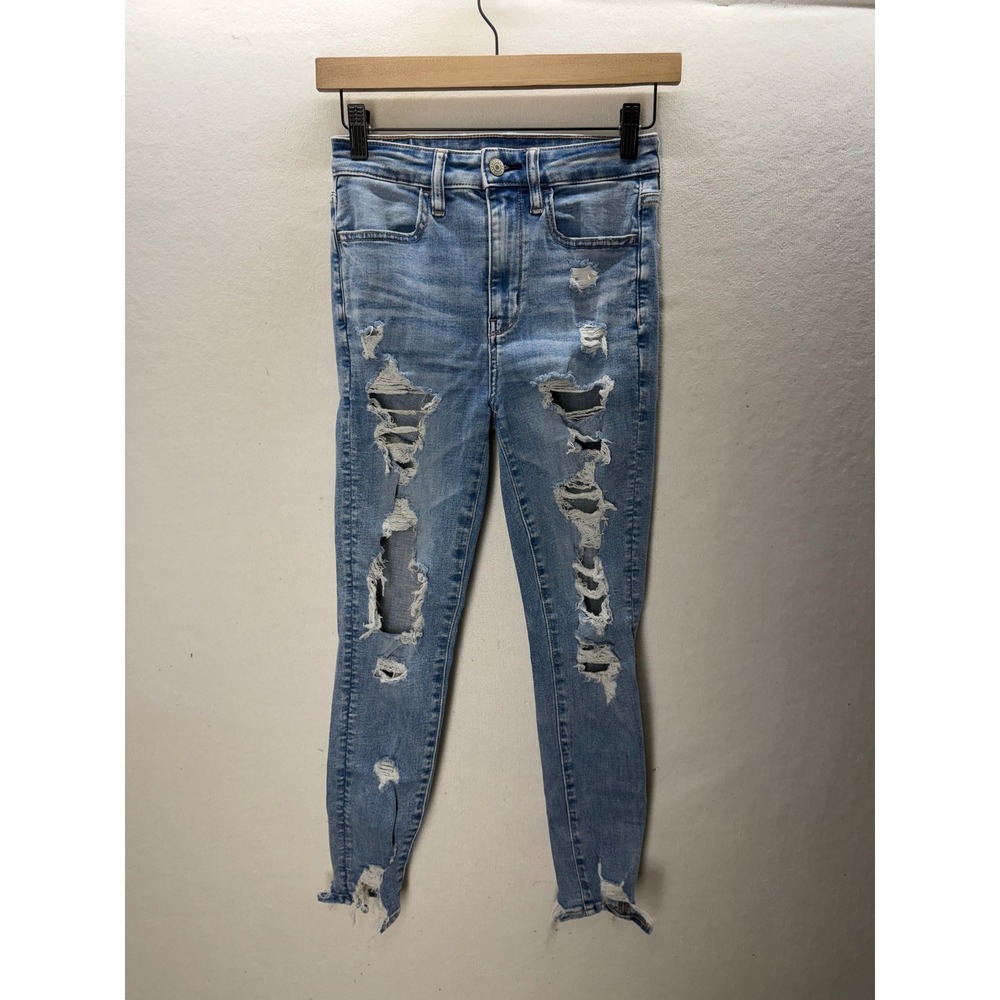 American Eagle Super Hi-Rise Jegging Womens 2 Short Blue Distressed 3596